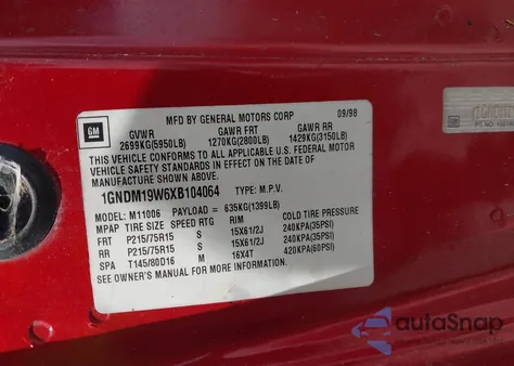 1999 Chevrolet Astro z USA, uszkodzony, nr VIN 1GNDM19W6XB104064